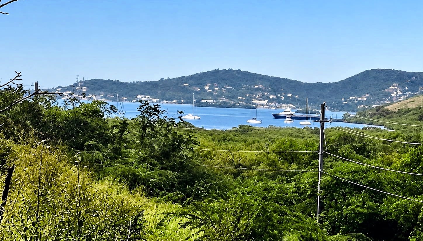 Green hillside vegetation in the foreground, with the harbor, moored boats and the hills of Culebra beyond